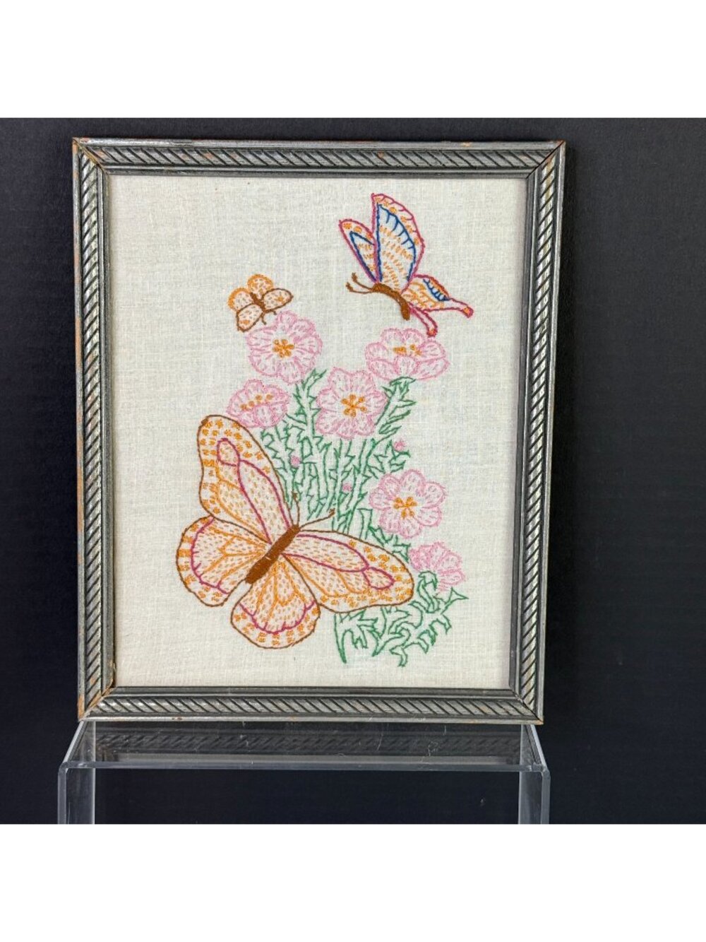 Vintage Hand Embroidered Butterfly & Flowers Framed Art